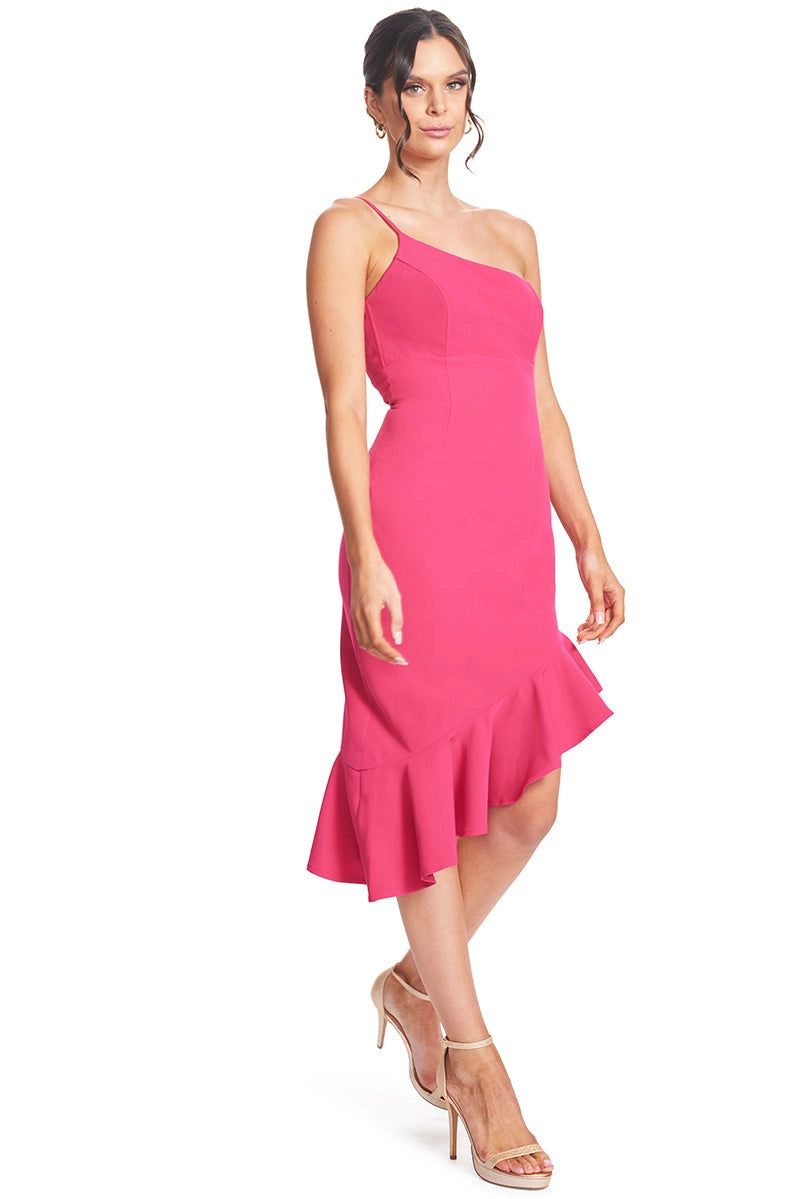Rufflin' Round Dress: Slvless. Asymmetric Midi - Fuchsia