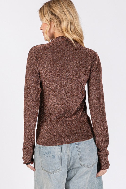 SAGE + FIG Glitter Mock Neck Lettuce Hem Long Sleeve Top-Street 360-Brown-S-Urbanheer