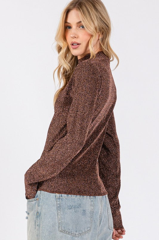 SAGE + FIG Glitter Mock Neck Lettuce Hem Long Sleeve Top-Street 360-Brown-S-Urbanheer