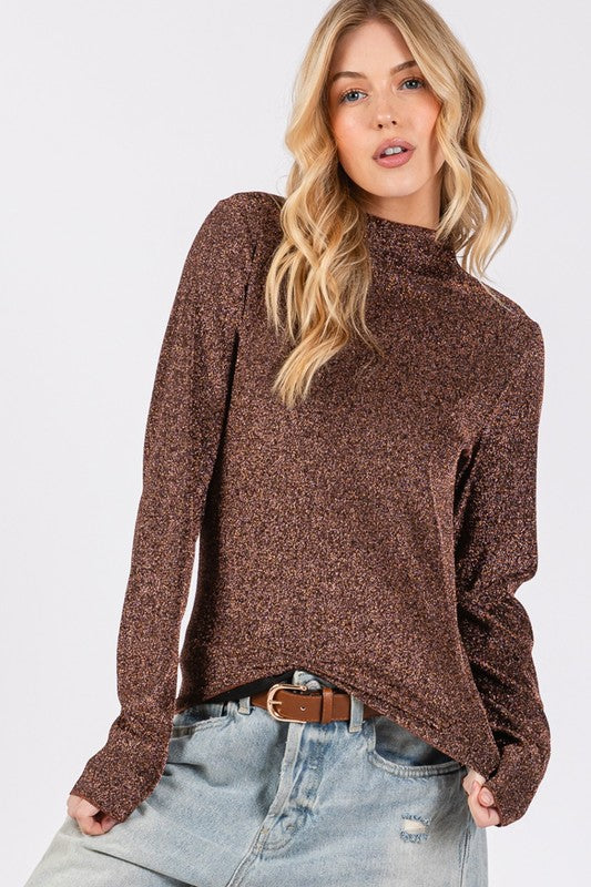 SAGE + FIG Glitter Mock Neck Lettuce Hem Long Sleeve Top-Street 360-Brown-S-Urbanheer