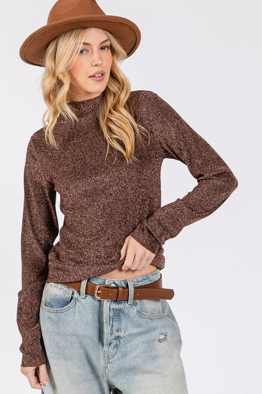 SAGE + FIG Glitter Mock Neck Lettuce Hem Long Sleeve Top-Street 360-Brown-S-Urbanheer