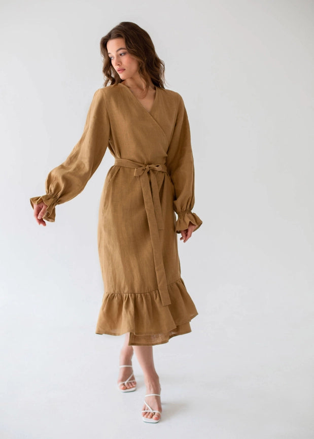 S/M "Jennifer" Sand Linen Midi Wrap Dress-Dress-Nich Linen-S-Urbanheer