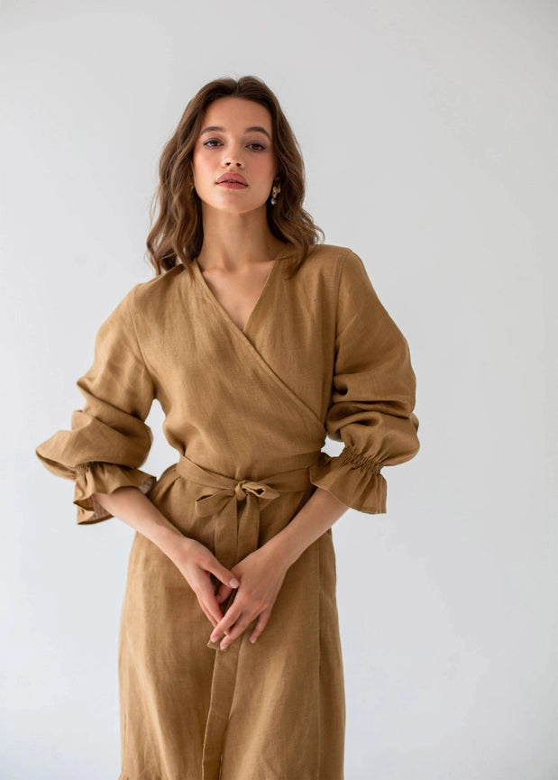 S/M "Jennifer" Sand Linen Midi Wrap Dress-Dress-Nich Linen-S-Urbanheer