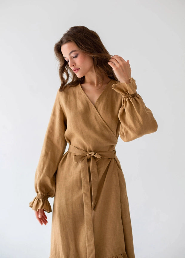 S/M "Jennifer" Sand Linen Midi Wrap Dress-Dress-Nich Linen-S-Urbanheer