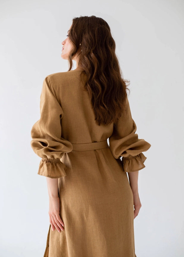 S/M "Jennifer" Sand Linen Midi Wrap Dress-Dress-Nich Linen-S-Urbanheer