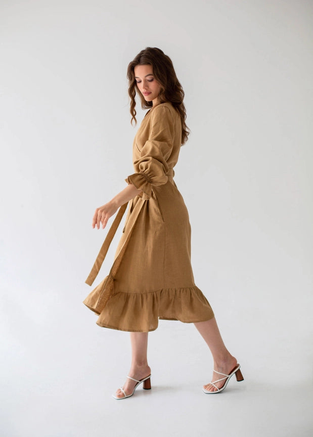 S/M "Jennifer" Sand Linen Midi Wrap Dress-Dress-Nich Linen-S-Urbanheer