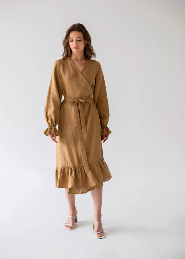 S/M "Jennifer" Sand Linen Midi Wrap Dress-Dress-Nich Linen-S-Urbanheer