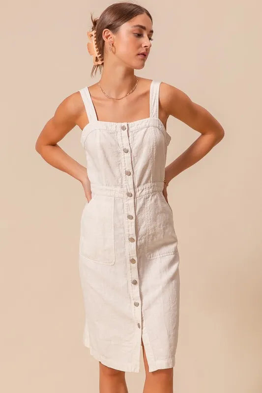 SO ME Button Down Pocket Front Pinafore Dress-So Me-OFF WHITE-S-Urbanheer