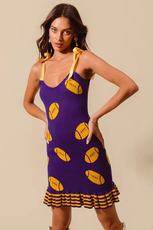 SO ME Gameday Football Knitted Mini Dress-So Me-PURPLE/GOLD-M-Urbanheer
