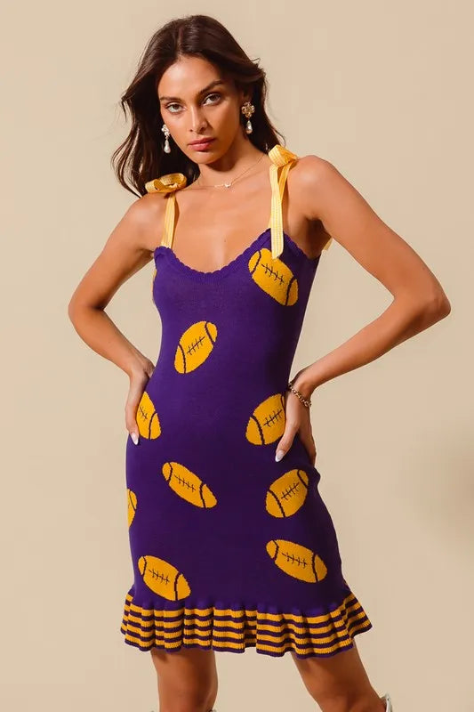 SO ME Gameday Football Knitted Mini Dress-So Me-PURPLE/GOLD-M-Urbanheer