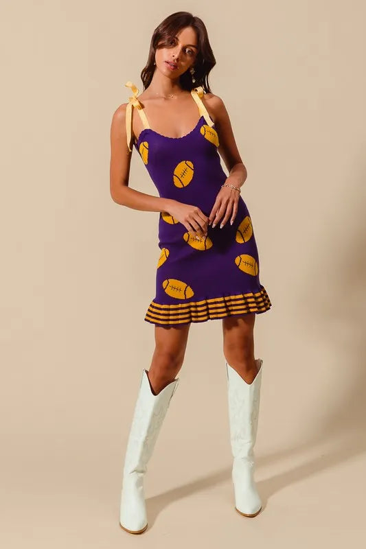 SO ME Gameday Football Knitted Mini Dress-So Me-PURPLE/GOLD-M-Urbanheer
