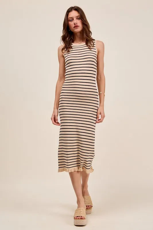 SO ME Stripe Sleeveless Sweater Knit Maxi Dress With Ruffled Hem-So Me-OATMEAL/BLACK-M-Urbanheer