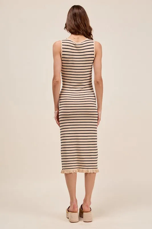 SO ME Stripe Sleeveless Sweater Knit Maxi Dress With Ruffled Hem-So Me-OATMEAL/BLACK-M-Urbanheer