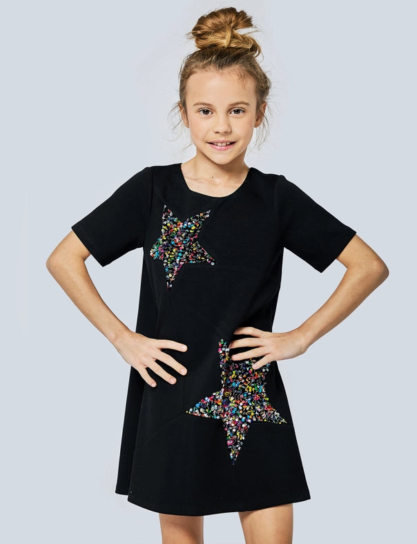 S/S Shift Dress with Sequin Stars-Dress-Hannah Banana-4-BLACK-Urbanheer