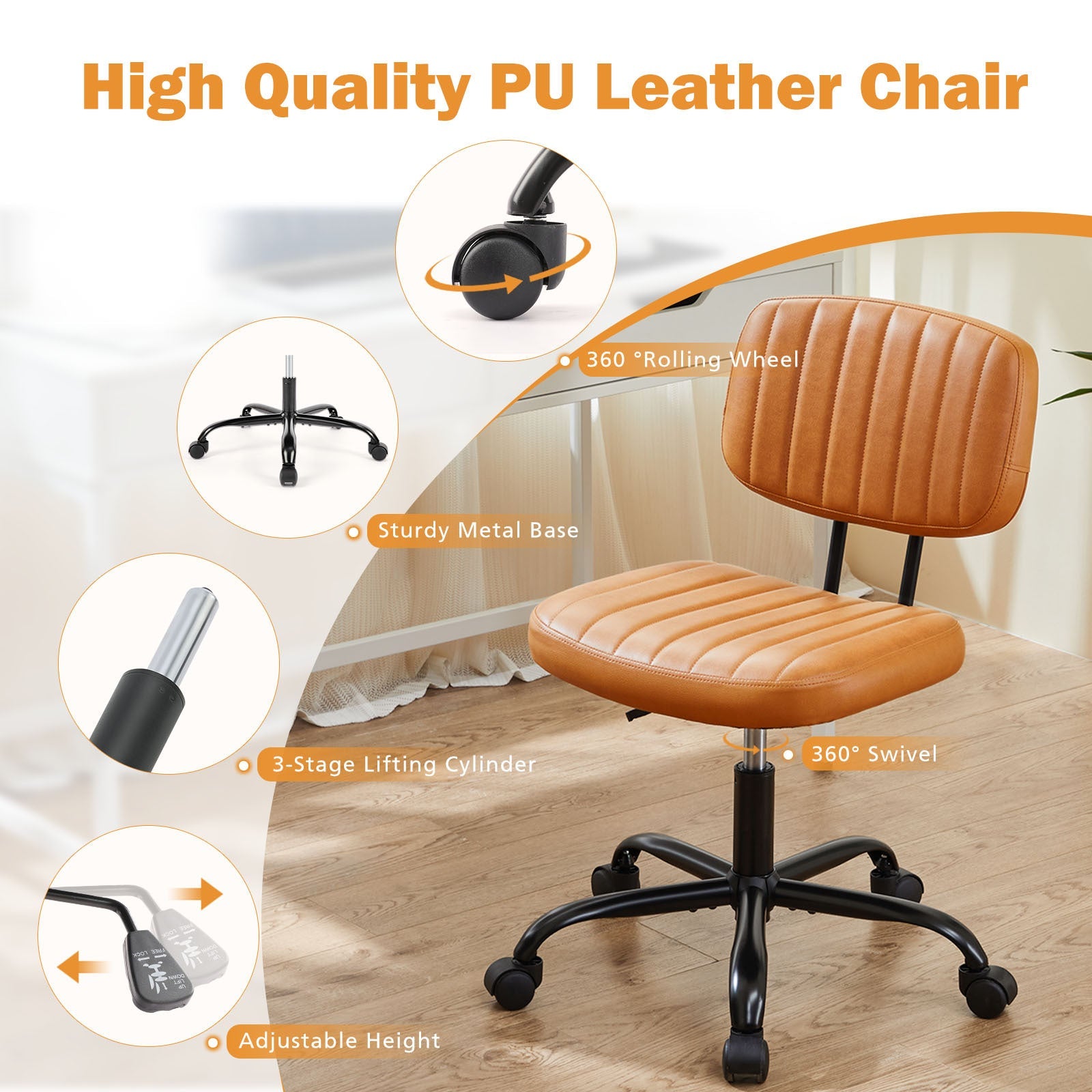 SWEETCRISPY PU Leather Low Back Task Chair Small Home Office Chair with Wheels-Heer Decor-Urbanheer