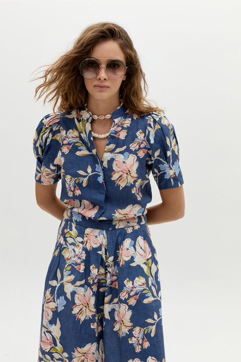 Sabi Linen Pants - Blue Poppy Print