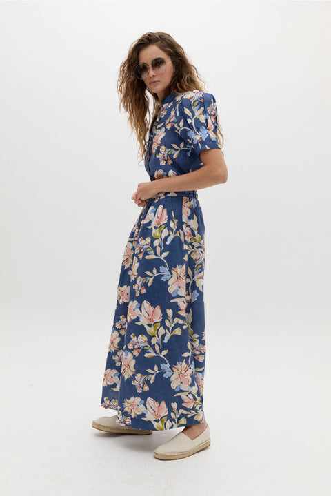 Sabi Linen Pants - Blue Poppy Print