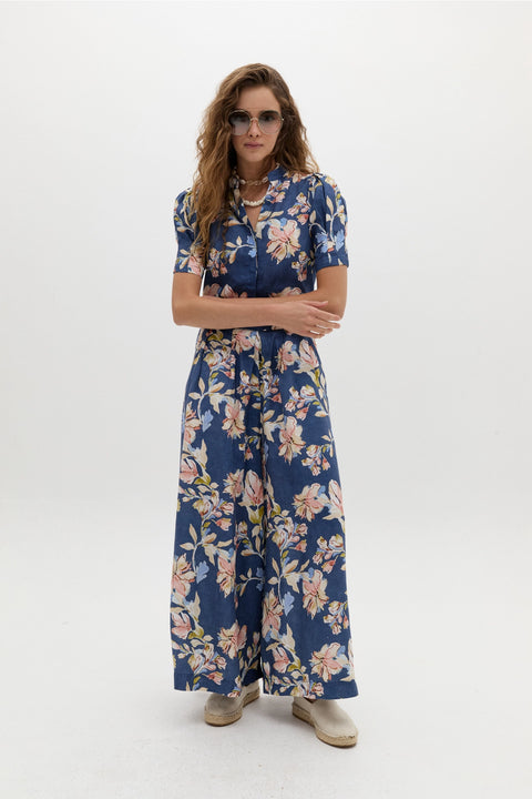 Sabi Linen Pants - Blue Poppy Print