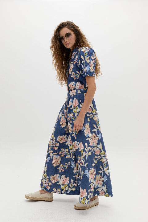 Sabi Linen Pants - Blue Poppy Print