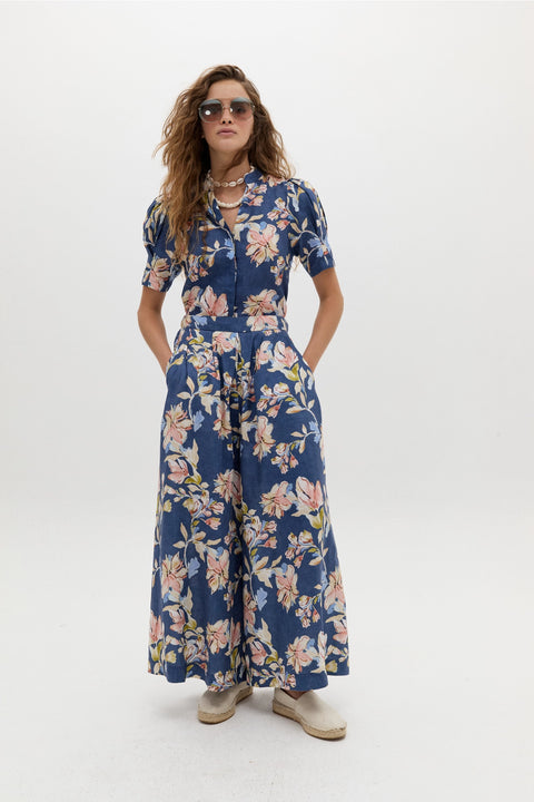 Sabi Linen Pants - Blue Poppy Print