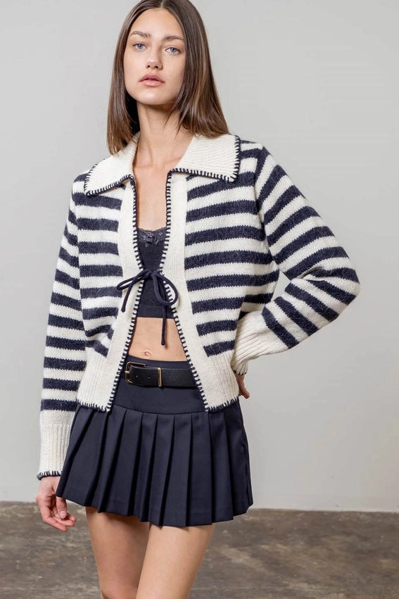 Sailor Collar Tie Front Knit Cardigan-Cardigan-Moon River-XS-IVORY-Urbanheer