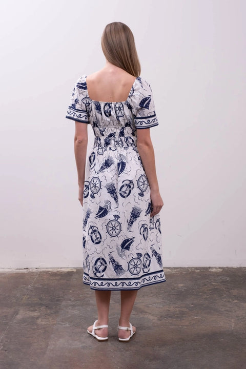 Sailor Print Front Tie Short Sleeve Midi Dress-Dress-Moon River-XS-IVORY MULTI-Urbanheer