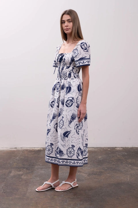 Sailor Print Front Tie Short Sleeve Midi Dress-Dress-Moon River-XS-IVORY MULTI-Urbanheer