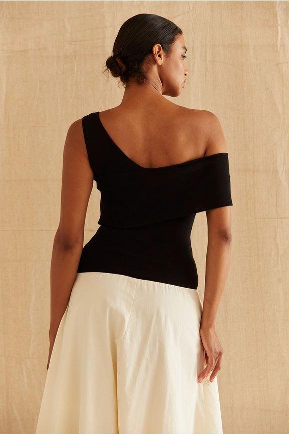 Samantha Contrast One Shoulder Midi Dress-Dress-Crescent-XS-BLACK/OATMEAL-Urbanheer