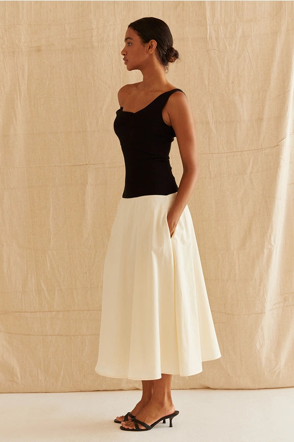 Samantha Contrast One Shoulder Midi Dress-Dress-Crescent-XS-BLACK/OATMEAL-Urbanheer