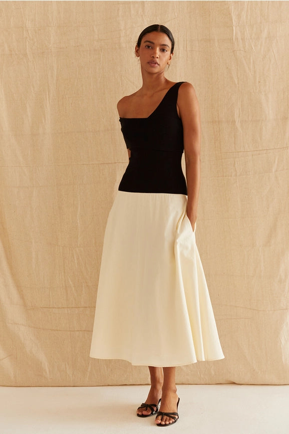 Samantha Contrast One Shoulder Midi Dress-Dress-Crescent-XS-BLACK/OATMEAL-Urbanheer