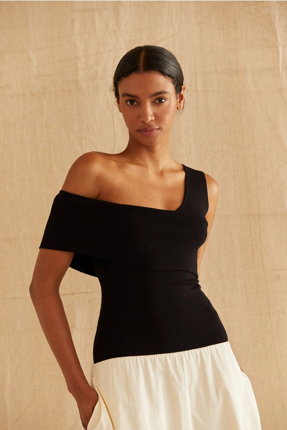 Samantha Contrast One Shoulder Midi Dress-Dress-Crescent-XS-BLACK/OATMEAL-Urbanheer