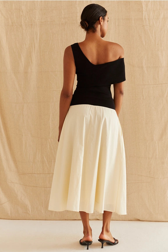 Samantha Contrast One Shoulder Midi Dress-Dress-Crescent-XS-BLACK/OATMEAL-Urbanheer