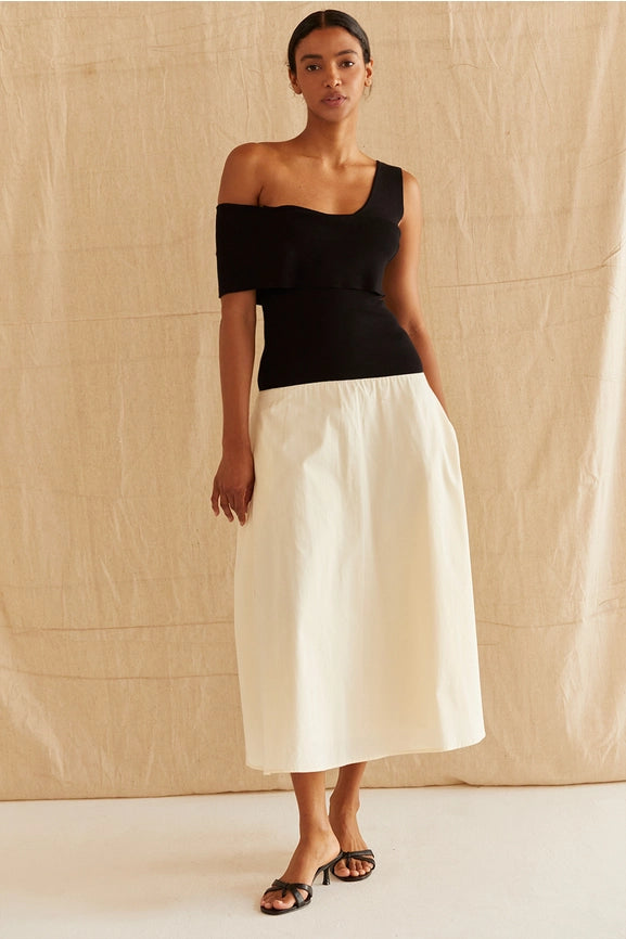 Samantha Contrast One Shoulder Midi Dress-Dress-Crescent-XS-BLACK/OATMEAL-Urbanheer