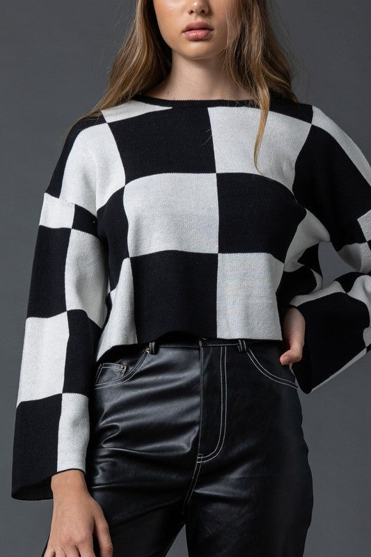 Sarah Round Neck Checkered Ls Top-Top-Papermoon-S-Urbanheer