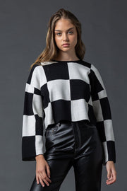 Sarah Round Neck Checkered Ls Top-Top-Papermoon-S-Urbanheer