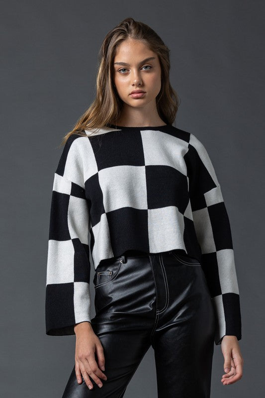 Sarah Round Neck Checkered Ls Top-Top-Papermoon-S-Urbanheer