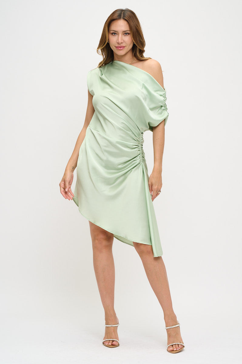 Satin Asymmetrical Off the Shoulder Ruched Dress-Dresses-Reneecollection-Small-MINT-Urbanheer