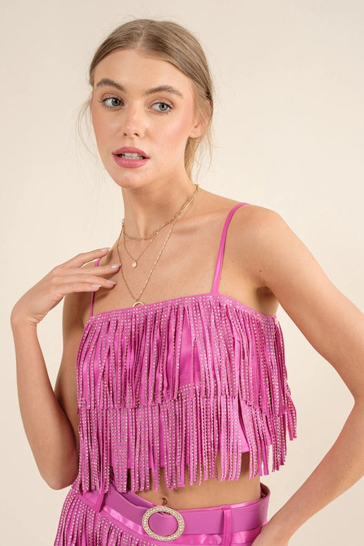 Satin Base Studded Tiered Fringe Cami Top Hot Pink-Top-Blue B-S-HOT PINK-Urbanheer