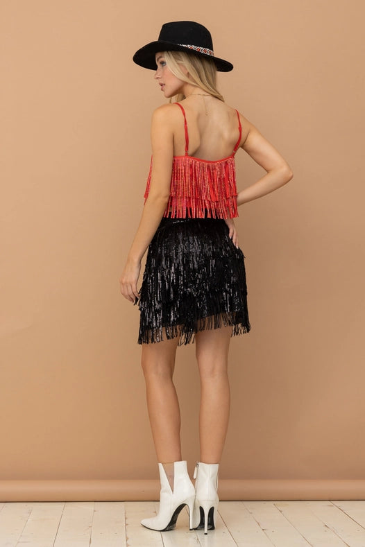 Satin Base Studded Tiered Fringe Cami Top RED