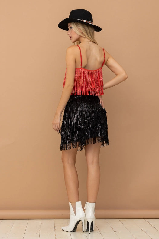 Satin Base Studded Tiered Fringe Cami Top Red-Top-Blue B-S-RED-Urbanheer