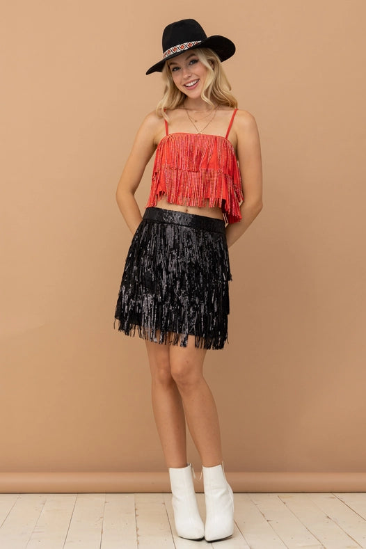 Satin Base Studded Tiered Fringe Cami Top Red-Top-Blue B-S-RED-Urbanheer