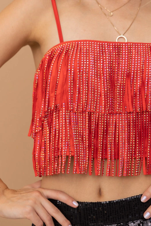 Satin Base Studded Tiered Fringe Cami Top Red