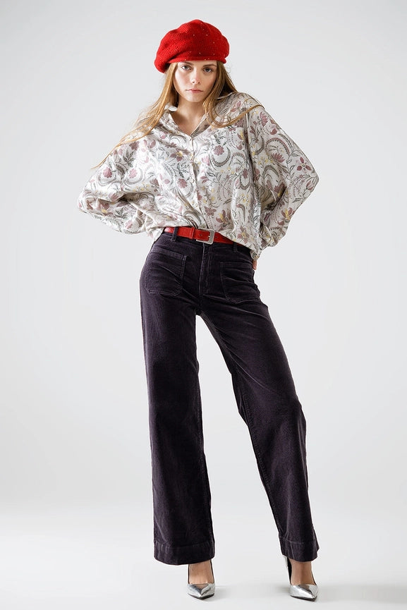 Satin Blouse with Flower Print in Grey-Blouse-Q2-S-Beige-Urbanheer