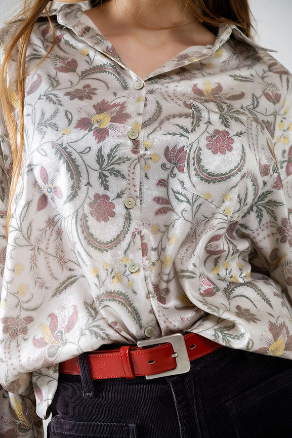 Satin Blouse with Flower Print in Grey-Blouse-Q2-S-Beige-Urbanheer