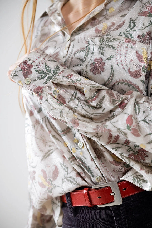 Satin Blouse with Flower Print in Grey-Blouse-Q2-S-Beige-Urbanheer