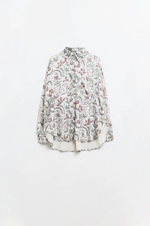 Satin Blouse with Flower Print in Grey-Blouse-Q2-S-Beige-Urbanheer