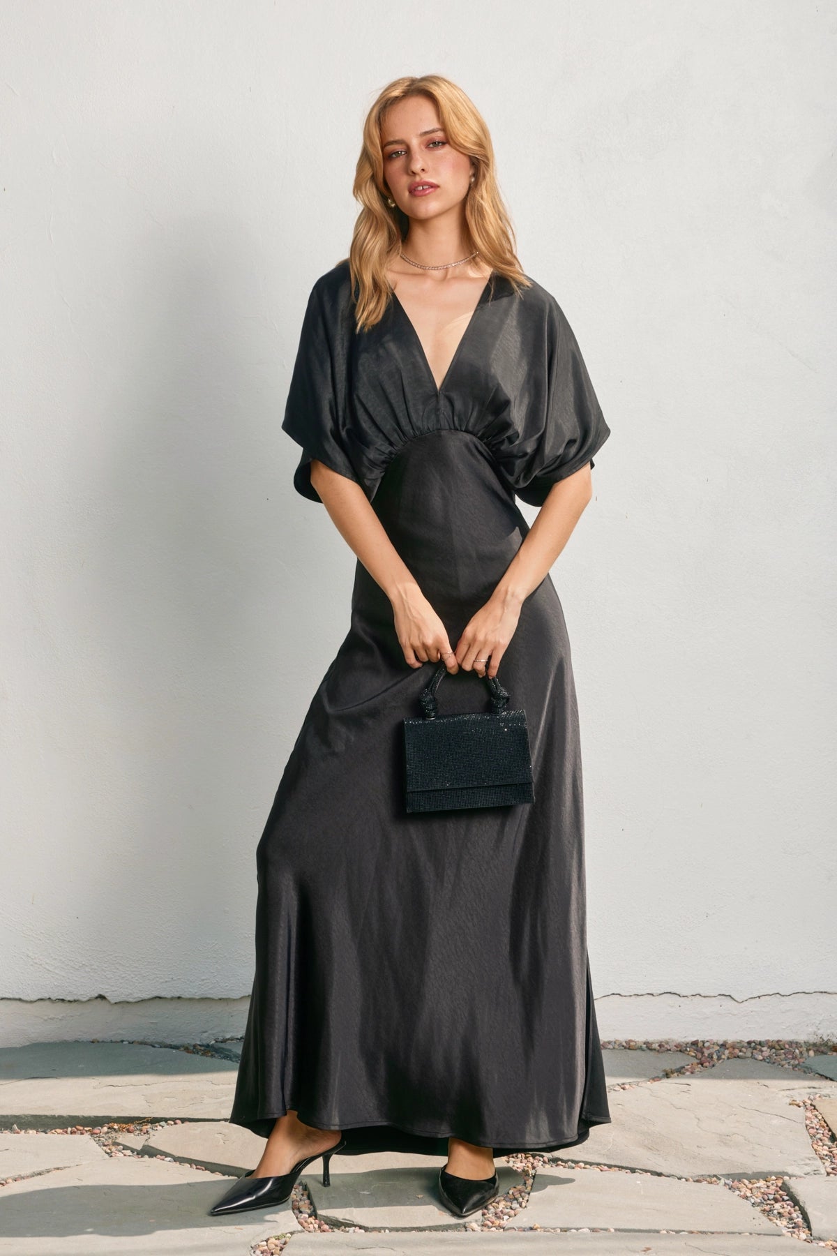 Satin Blouson Maxi Dress - Black