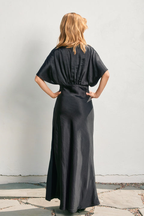 Satin Blouson Maxi Dress - Black