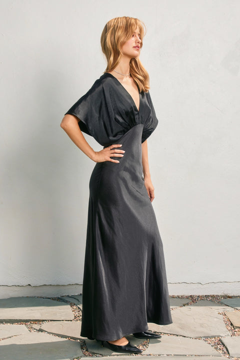 Satin Blouson Maxi Dress - Black