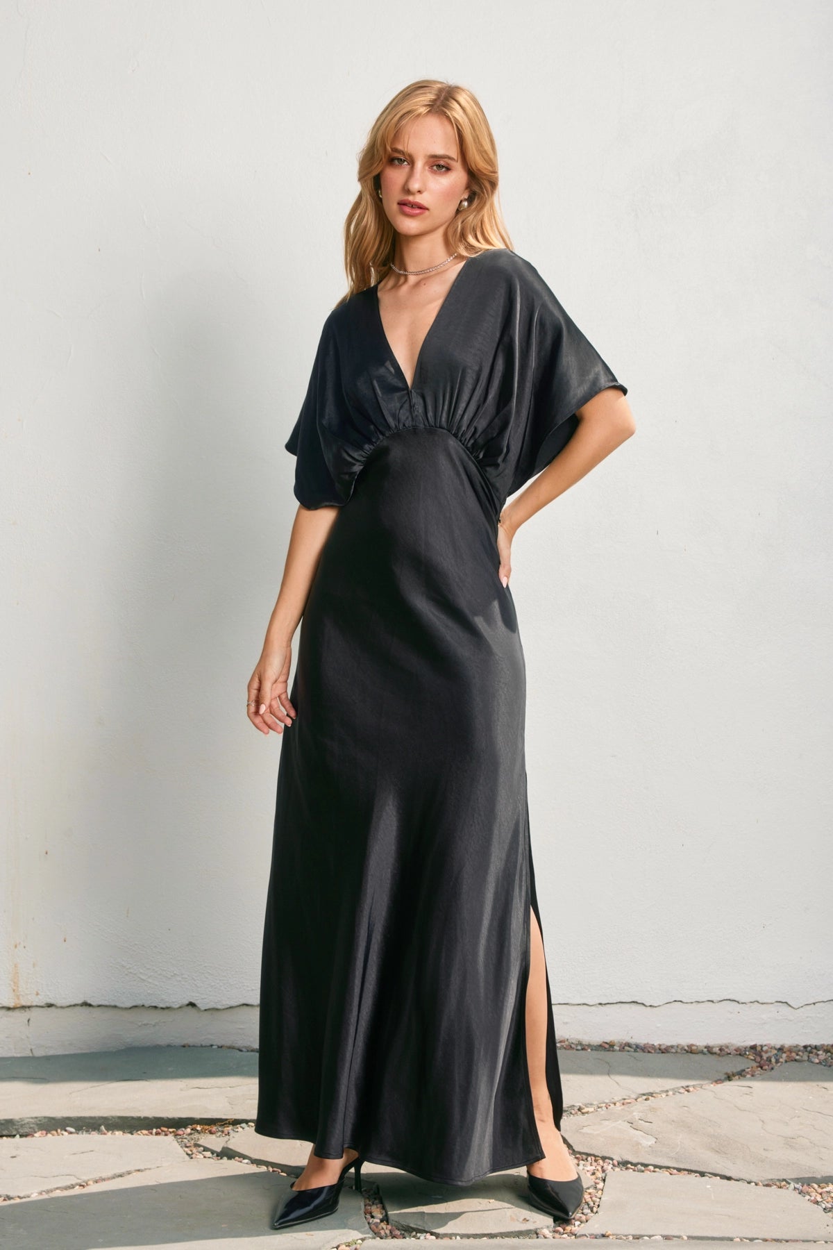 Satin Blouson Maxi Dress - Black